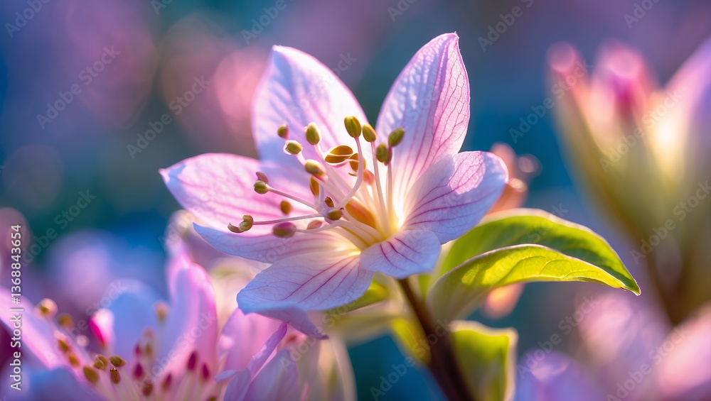Fototapeta premium Delicate pink flower with detailed petals bathed in sunlight. Soft bokeh background