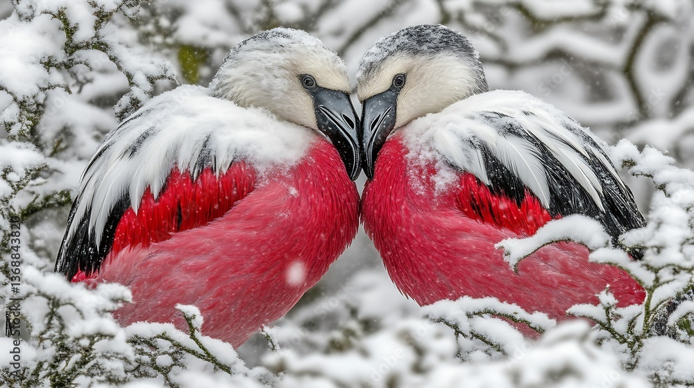 Fototapeta premium Two roseate spoonbills cuddling in snowy branches
