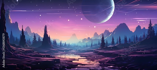 Enchanting Alien Landscape with Mountains, Trees, Stream and Distant Moon