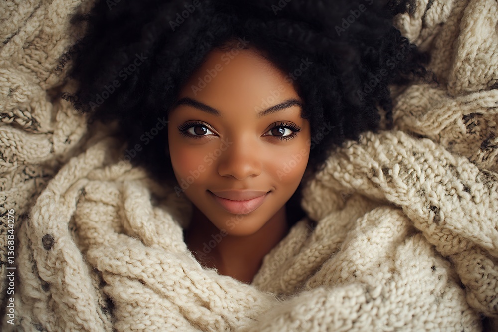 Beautiful Black woman smiling, nestled in a cozy knit blanket. Beautiful Black woman smiling, nestled in a cozy knit blanket.