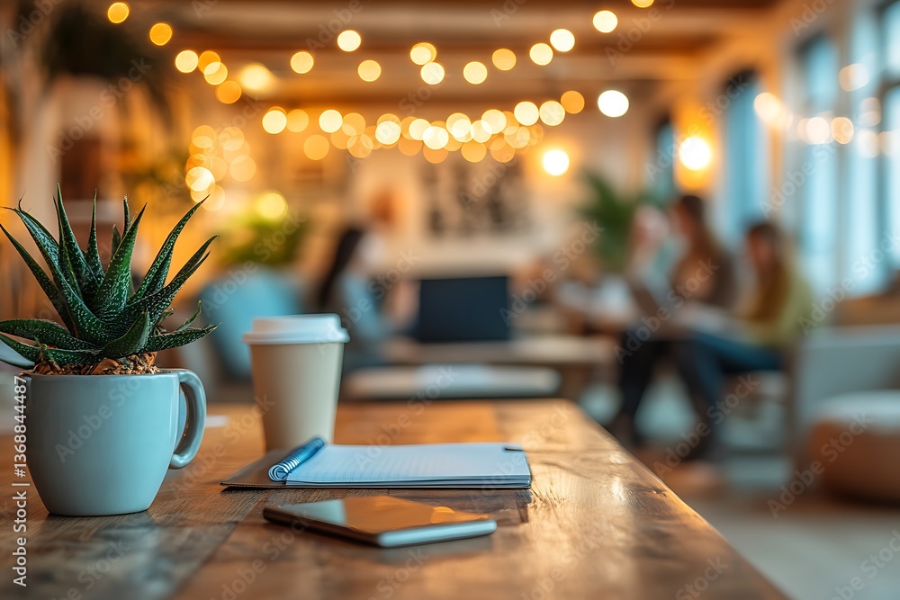 A table with a plant, cup, and documents in a room with lights and people in the background A table with a plant, cup, and documents in a room with lights and people in the background
