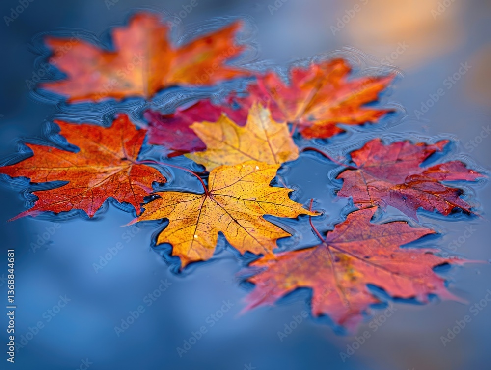 Colorful maple leaves float serenely on calm, blue water, reflecting the beauty of autumn and creating a peaceful scene. Colorful maple leaves float serenely on calm, blue water, reflecting the beauty of autumn and creating a peaceful scene.