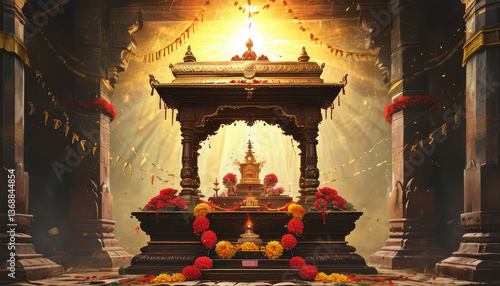 Navaratri product display background podium, Sacred Goddess Shrine, wooden, gold, altar of Goddess Durga, red and yellow flowers, incense, sacred scriptures, golden aura, deity’s image, divine