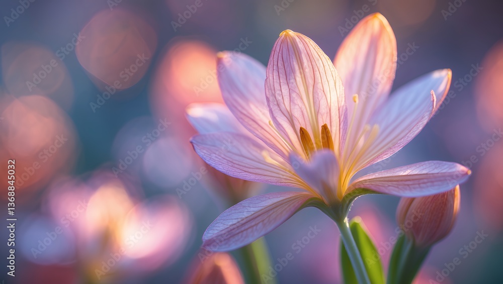 Naklejka premium Delicate pink flower with sunlit petals. Bokeh background highlights beauty