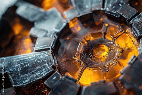 Macro shot of a complex geometric structure with a central golden liquid core and metallic elements.