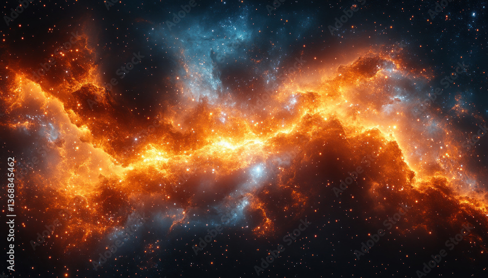 Fototapeta premium A breathtaking cosmic vista explodes with vibrant orange and gold hues, interwoven with deep blue and violet nebulous clouds