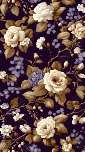 Elegant floral pattern with cream roses and delicate blue accents on a dark background, perfect for fabric design or wallpaper