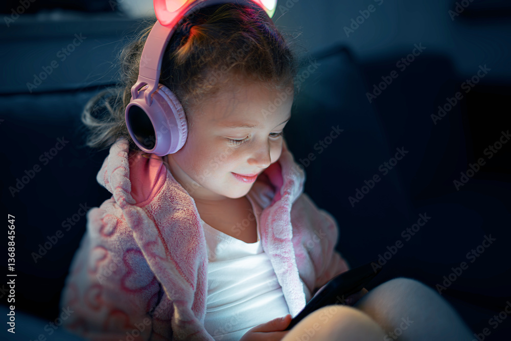 A young girl wearing pink glowing cat-ear headphones and a cozy fleece jacket is happily engaged with a mobile device, her face illuminated by the screens soft light in a dimly lit room.