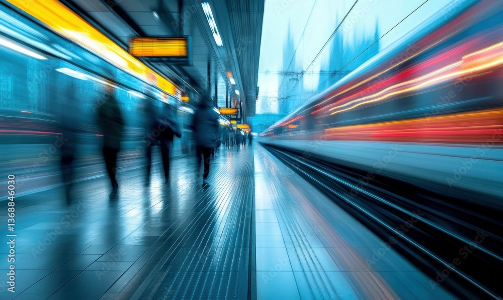 Fototapeta premium Commuters hurry as a speeding train blurs by at a modern station, capturing the urban pace.