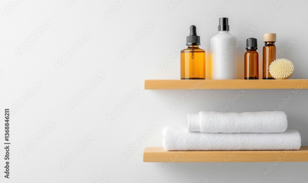 A spa scene featuring essential oils, towels, and a brush, neatly arranged on wooden shelves. A spa scene featuring essential oils, towels, and a brush, neatly arranged on wooden shelves.