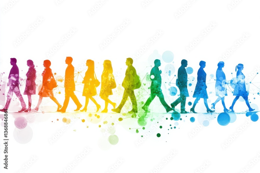 Colorful silhouettes of diverse individuals walking in synchronization against a vibrant background Colorful silhouettes of diverse individuals walking in synchronization against a vibrant background