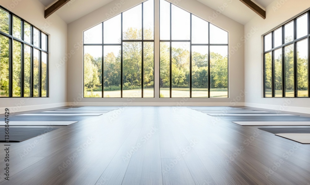 Fototapeta premium Bright yoga studio with large windows overlooking a serene green landscape and yoga mats.