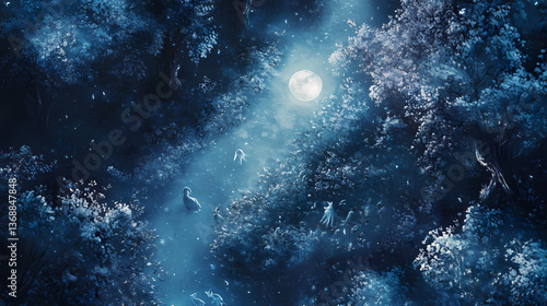 Wallpaper Mural Mystical animal spirits frolic through a whimsical moonlit pathway, shimmer of silver shadows, overhead shot. Moonlit Essence. Illustration Torontodigital.ca