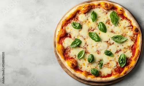 A delicious Margherita pizza with fresh basil leaves sits atop a rustic wooden serving board.