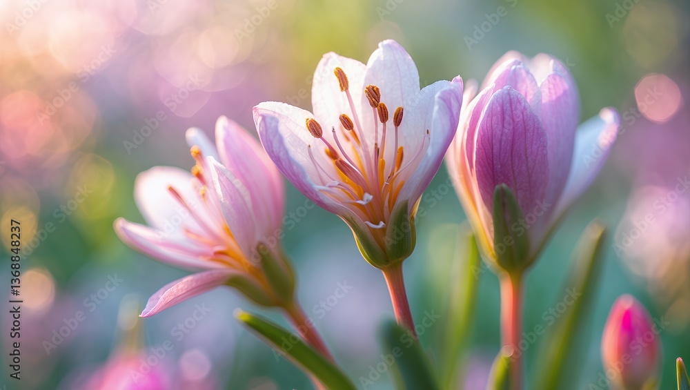 Fototapeta premium Delicate pink flowers bask in golden sunlight with soft bokeh background