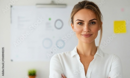 Free Download A smiling businesswoman stands confidently in her office, ready to present her latest marketing strategy. - GFXLoad