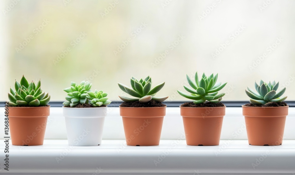 A charming row of succulent plants sit on a windowsill, bathed in gentle, natural light. A charming row of succulent plants sit on a windowsill, bathed in gentle, natural light.