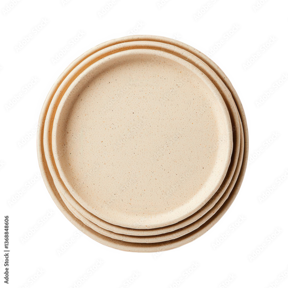 Stack of four round beige plates isolated on a white background, perfect for serving appetizers or main dishes at any dining occasion Stack of four round beige plates isolated on a white background, perfect for serving appetizers or main dishes at any dining occasion