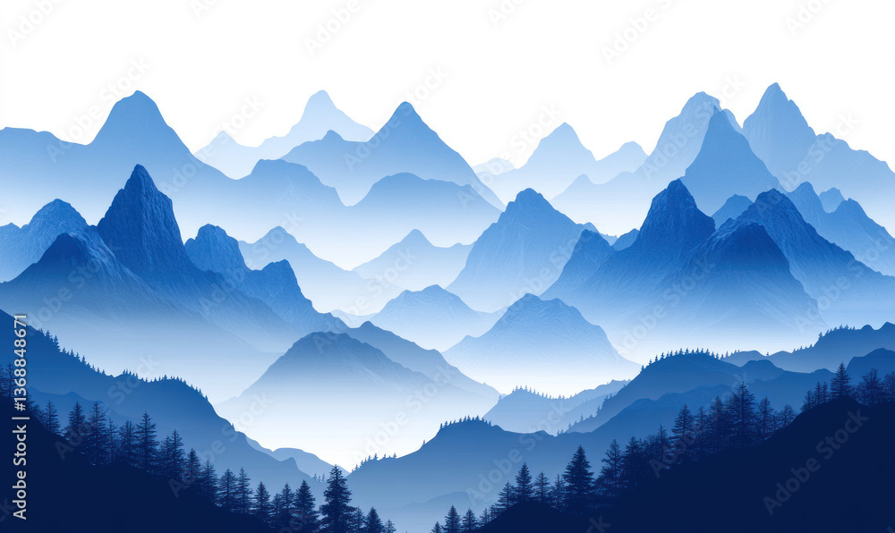 A majestic, layered mountain range unfolds in a serene, monochromatic blue landscape, evoking a sense of vastness and tranquility. A majestic, layered mountain range unfolds in a serene, monochromatic blue landscape, evoking a sense of vastness and tranquility.