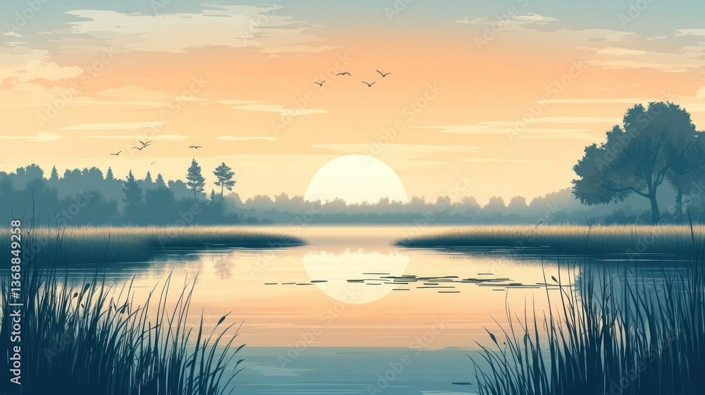 Serene Sunset over Calm Lake and Misty Forest Serene Sunset over Calm Lake and Misty Forest