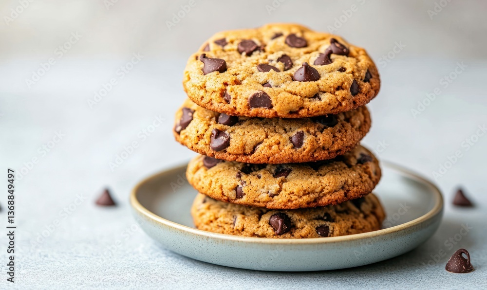 An appetizing stack of golden brown chocolate chip cookies on a plate invites a sweet indulgence. An appetizing stack of golden brown chocolate chip cookies on a plate invites a sweet indulgence.