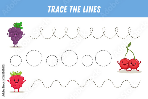 Tracing lines for kids. Cute cartoon fruits. Funny grape, cherry, raspberry. Handwriting practice. Educational game for preschool kids. Activity page. Vector
