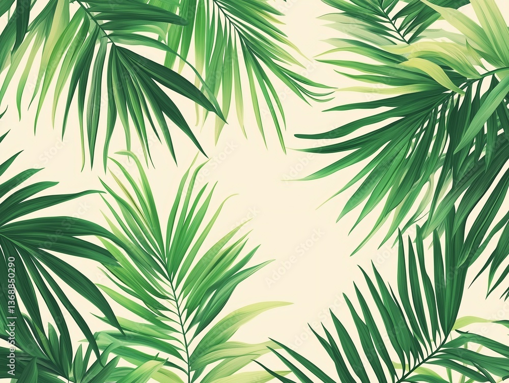 Seamless illustration of palm leaves in a tropical style. The design features overlapping green palm fronds with soft shadows and natural textures, creating a fresh, botanical pattern. Seamless illustration of palm leaves in a tropical style. The design features overlapping green palm fronds with soft shadows and natural textures, creating a fresh, botanical pattern.