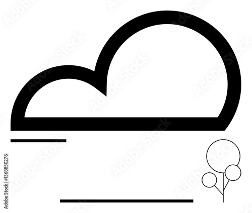 Bold outlined cloud with three stylized trees below and minimal horizontal lines suggesting the horizon. Ideal for weather, nature, environment, simplicity, technology, eco-consciousness, and minimal
