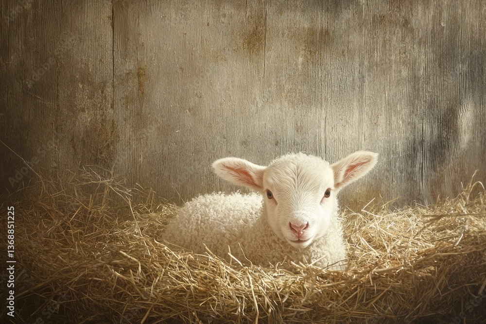 Fototapeta premium A fluffy white lamb rests peacefully on a bed of hay, against a rustic wooden backdrop.