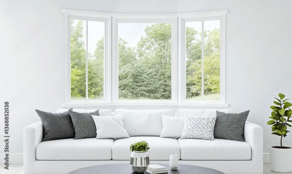 Fototapeta premium A bright and airy living room with a white sofa, a bay window, and a view of lush trees.