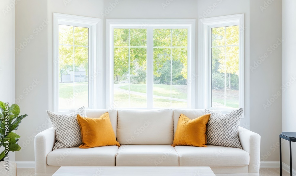 Fototapeta premium A modern living room with a white sofa and a large window brings the outside in.