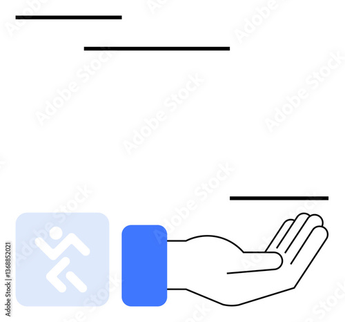 Open hand extended upward supporting floating horizontal lines and a movement icon in a square. Ideal for support, care, balance, connection, assistance, opportunity, teamwork. Flat simple metaphor