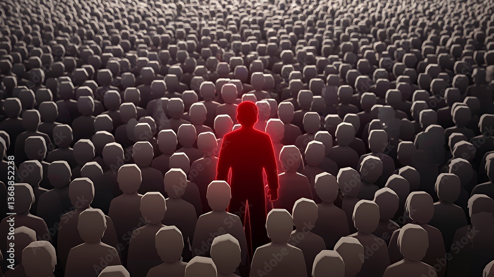 Obraz premium A lone figure glows red, standing out amidst a sea of gray, symbolizing individuality and resilience in a vast crowd, illuminated with dramatic lighting.