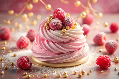 Raspberry Pavlova with Gold Decorations (Festive Light Background)