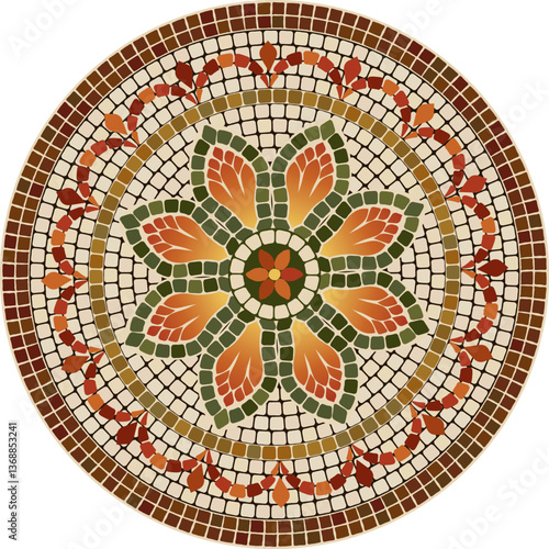 Circular mosaic ornament with floral pattern in yellow, orange, brown, and green tones. Ideal for interior decor, tile designs, craft projects, digital backgrounds, and art prints.