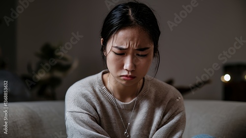 A young woman sits alone, lost in pensive thought, her face etched with quiet sorrow under soft, dim lighting.