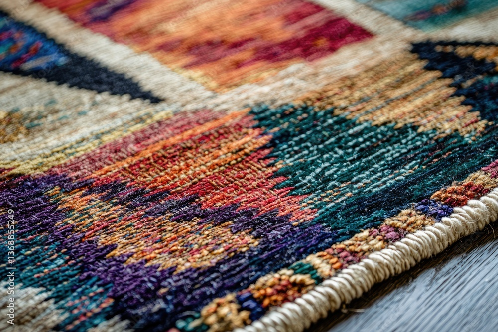 A vibrant, close-up shot reveals the texture and intricate details of a multicolored woven rug. A vibrant, close-up shot reveals the texture and intricate details of a multicolored woven rug.