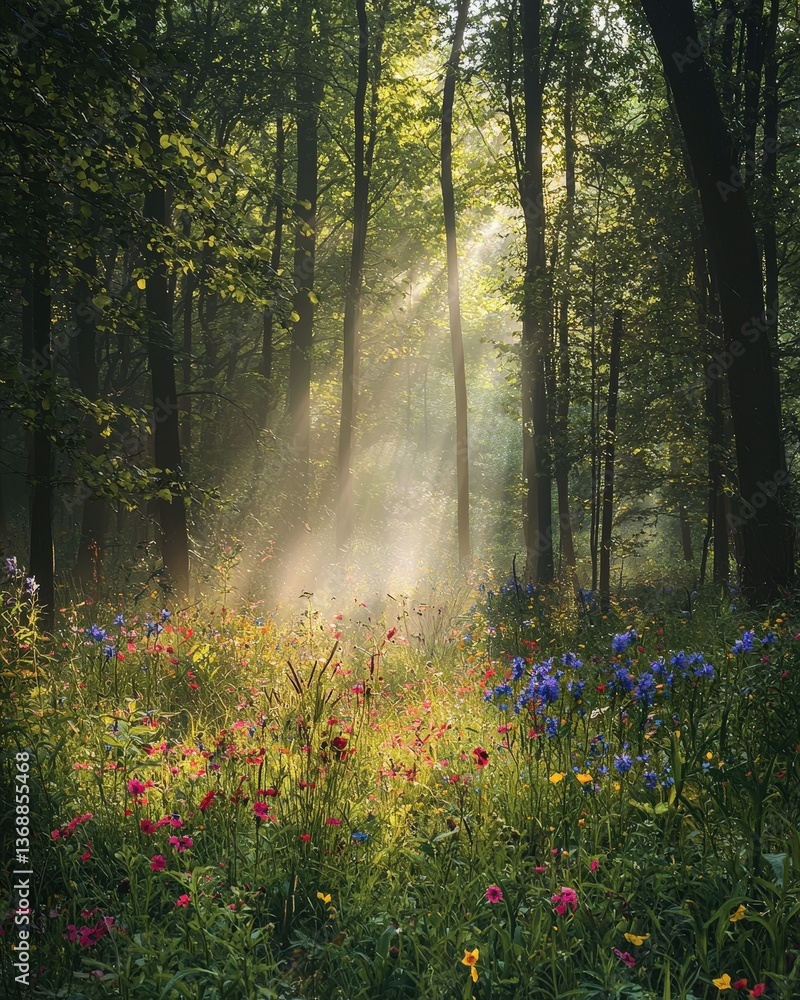 Fototapeta premium Sunlit forest meadow with vibrant wildflowers and tall trees