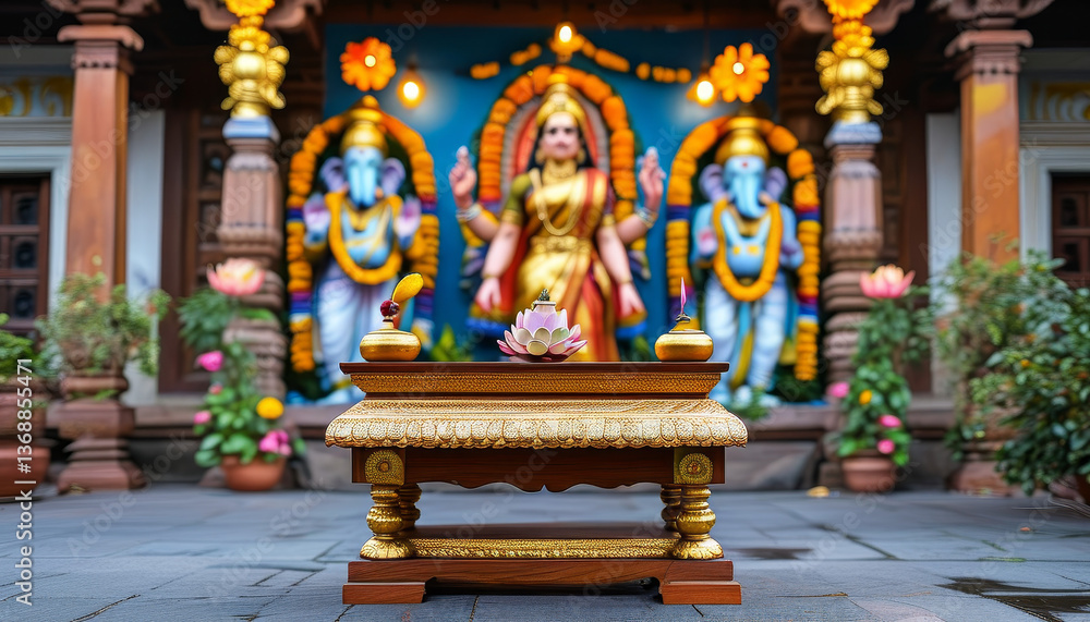 Fototapeta premium Diwali product display podium background, Temple of Prosperity, wooden, gold leaf detailing, traditional Indian temple courtyard, Goddess Lakshmi and Lord Ganesha, marigold garlands, lotus flowers