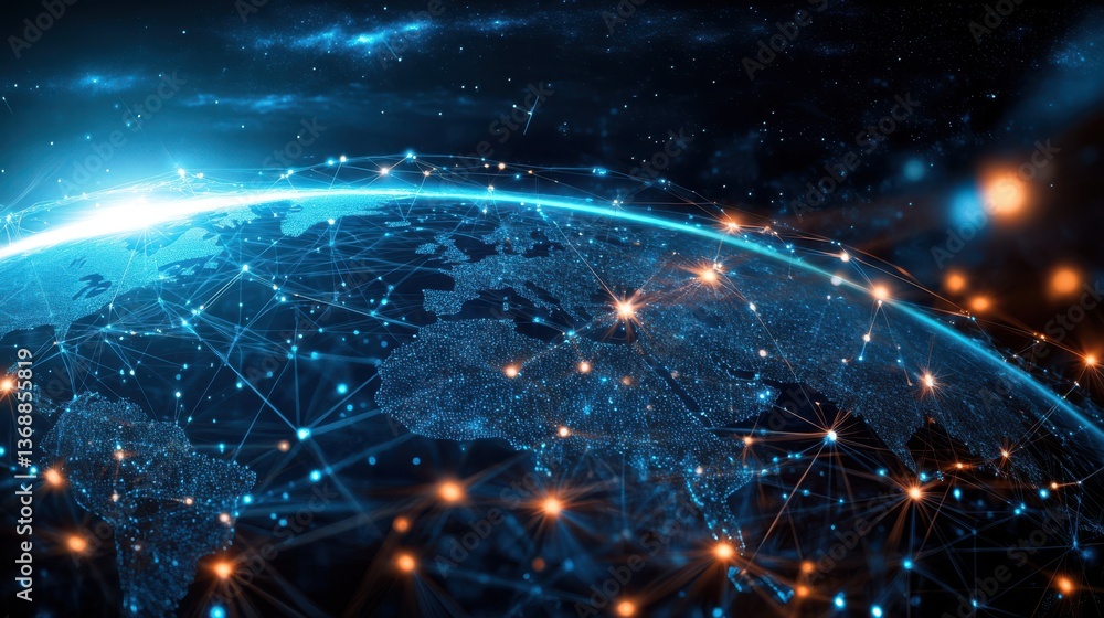 Global Network Connection Futuristic Earth with Bright Nodes and Lines Global Network Connection Futuristic Earth with Bright Nodes and Lines