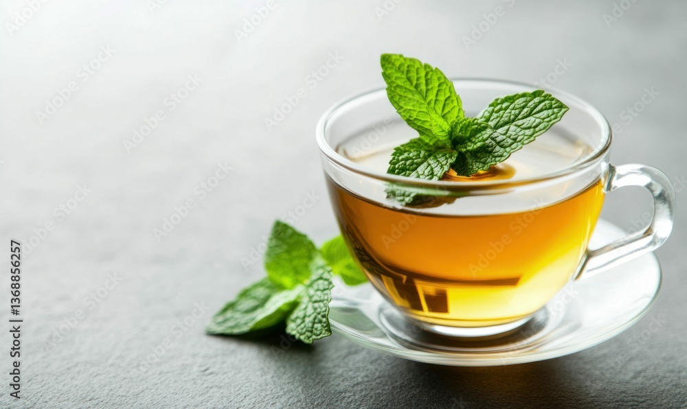 A glass cup of soothing mint tea adorned with fresh leaves presents a refreshing herbal infusion. A glass cup of soothing mint tea adorned with fresh leaves presents a refreshing herbal infusion.