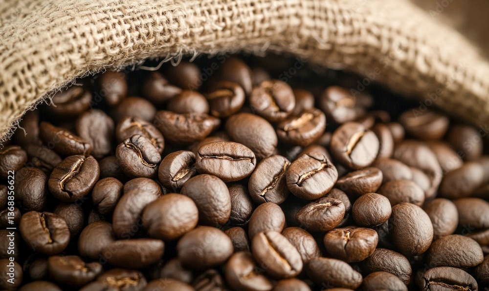 Fototapeta premium Aromatic coffee beans spill from a burlap sack in this enticing close-up shot.