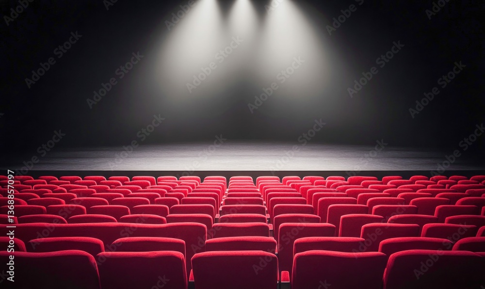 Obraz premium Rows of plush red seats face a brightly lit stage in anticipation of the start of the show.