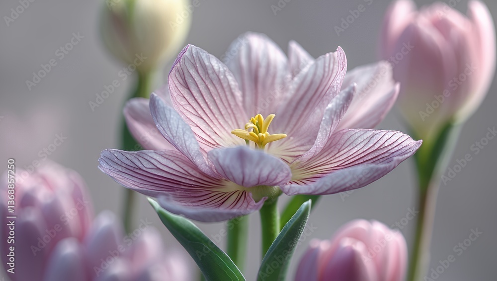 Fototapeta premium Delicate pink tulip with striped petals, close-up, surrounded by blurred flowers