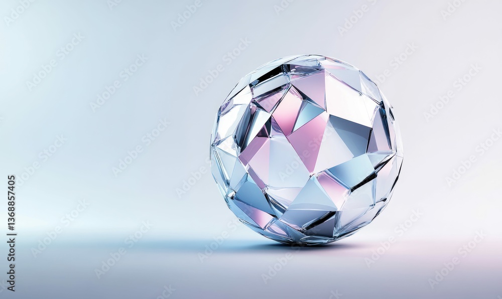 Naklejka premium A crystal sphere with geometric facets glows with pastel reflections on a simple white surface.