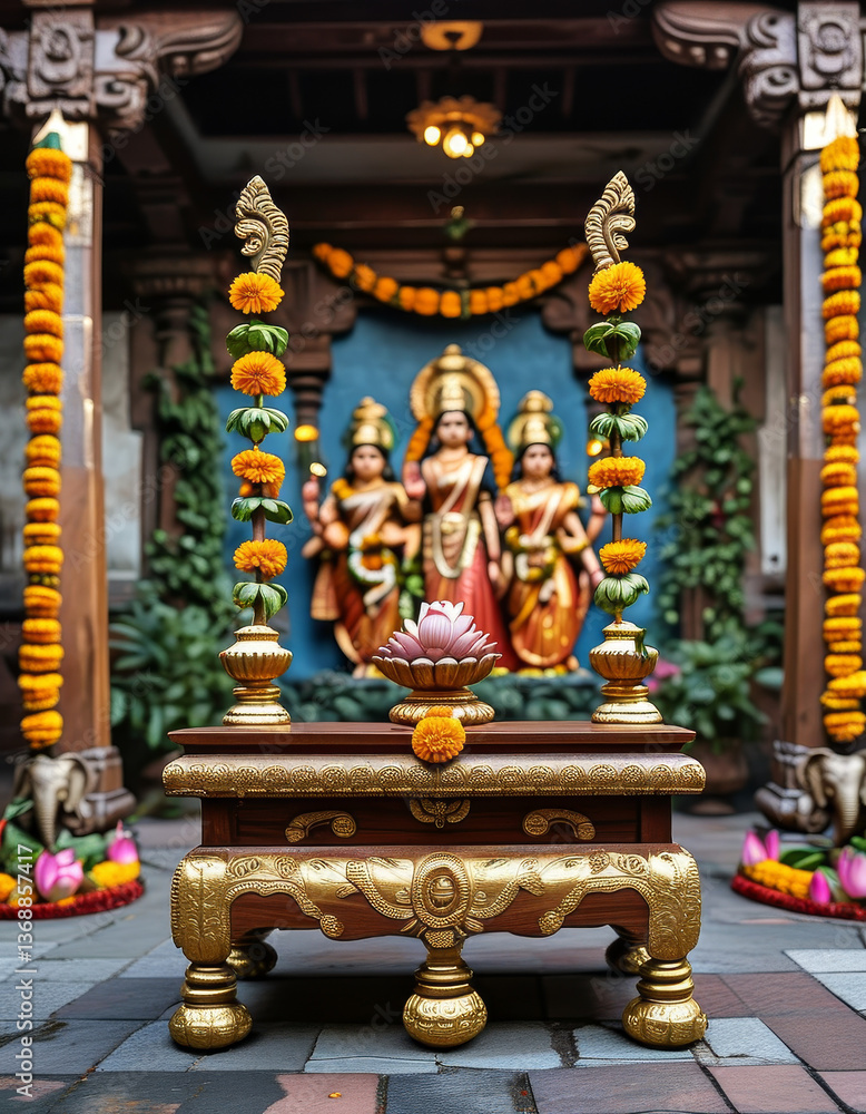 Fototapeta premium Diwali product display podium background, Temple of Prosperity, wooden, gold leaf detailing, traditional Indian temple courtyard, Goddess Lakshmi and Lord Ganesha, marigold garlands, lotus flowers