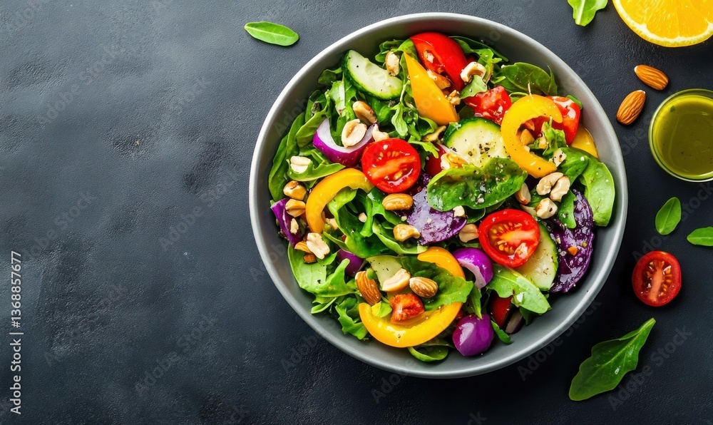 A colorful and healthy salad bursting with fresh vegetables and crunchy almonds in a gray bowl. A colorful and healthy salad bursting with fresh vegetables and crunchy almonds in a gray bowl.