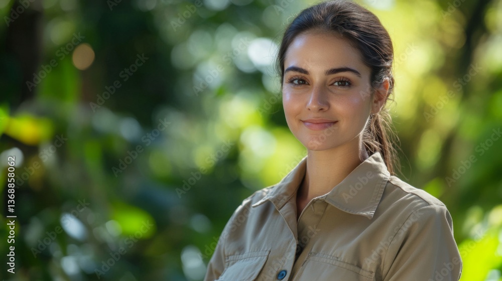 Attractive Young Woman in Khaki Shirt Smiling Confidently in Green Foliage Background Attractive Young Woman in Khaki Shirt Smiling Confidently in Green Foliage Background