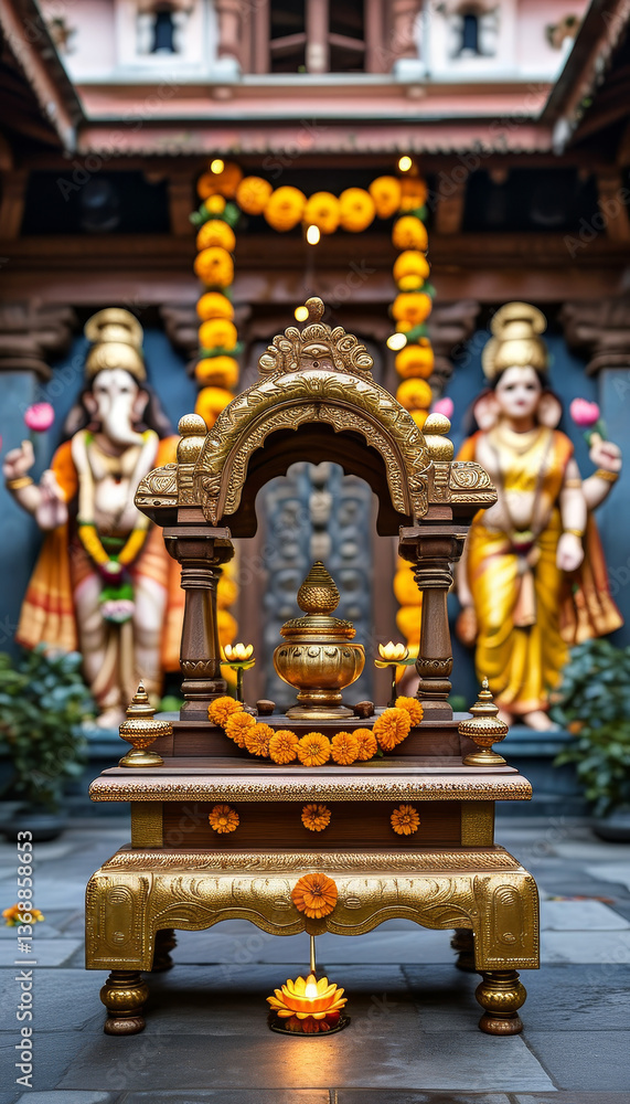 Obraz premium Diwali product display podium background, Temple of Prosperity, wooden, gold leaf detailing, traditional Indian temple courtyard, Goddess Lakshmi and Lord Ganesha, marigold garlands, lotus flowers