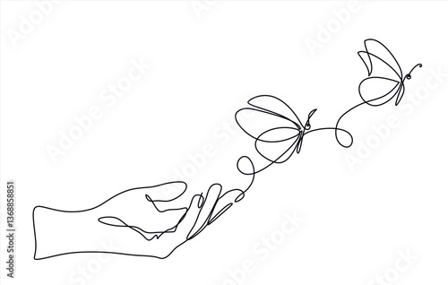 One continuous line drawing of hand holding butterflies. Beautiful flying moth for wellbeing beauty or spa salon logo in simple linear style. Editable stroke. Doodle outline vector illustration